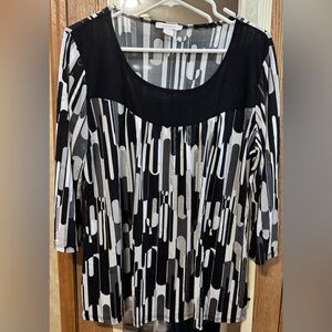 Dressbarn Black & White Abstract Tunic Top | 3/4 Sleeve | Scoop Neck | Size XL